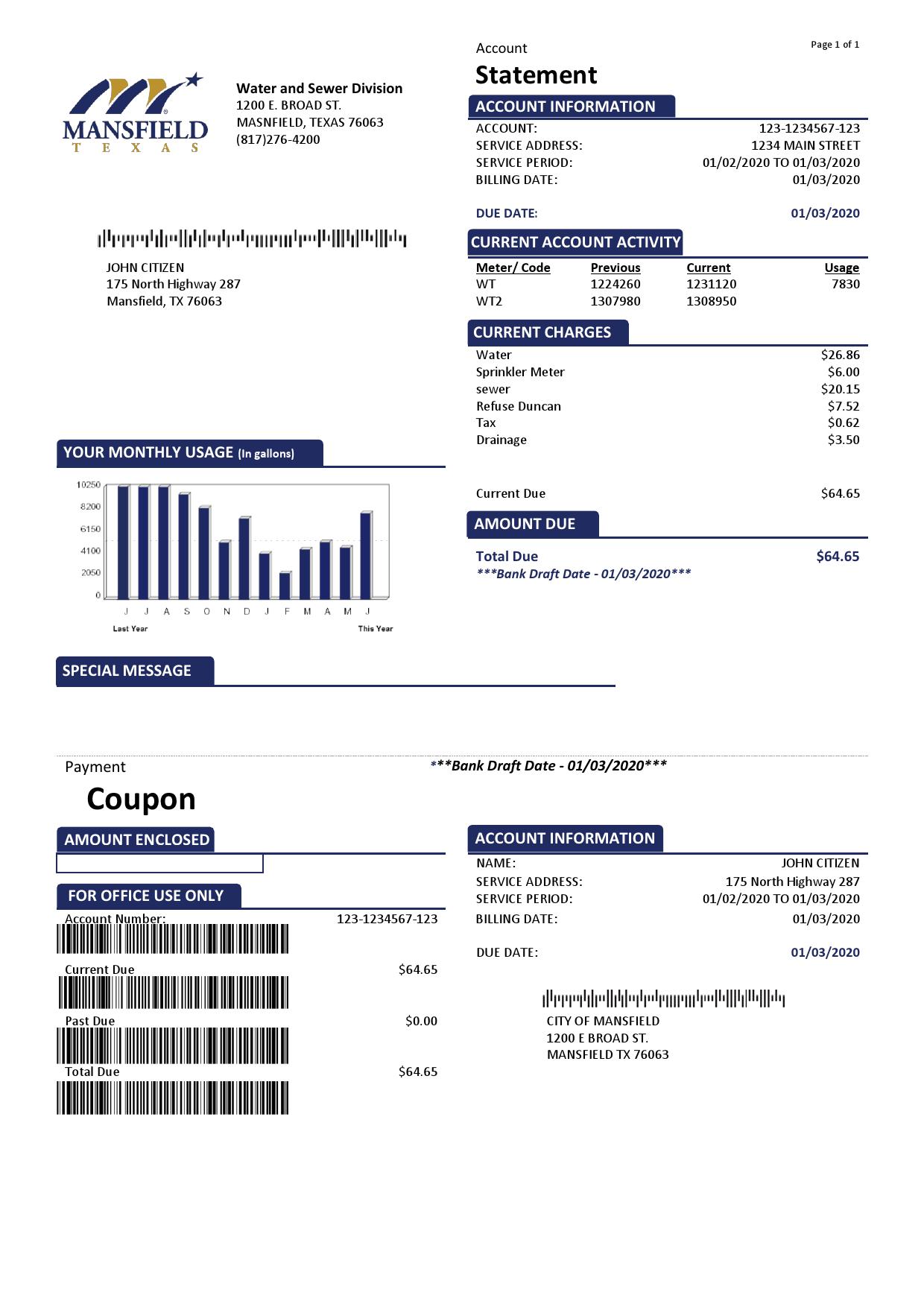 Usa Mansfield Texas utility bill template in Word and PDF format
