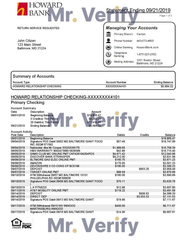 USA Maryland Howard Business bank statement template, Word and PDF format (.doc and .pdf) (4 pages)