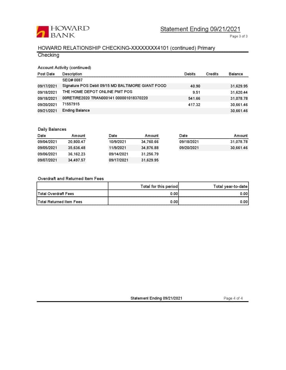 USA Maryland Howard Personal bank statement template, Excel and PDF format (.xls and .pdf) (4 pages)