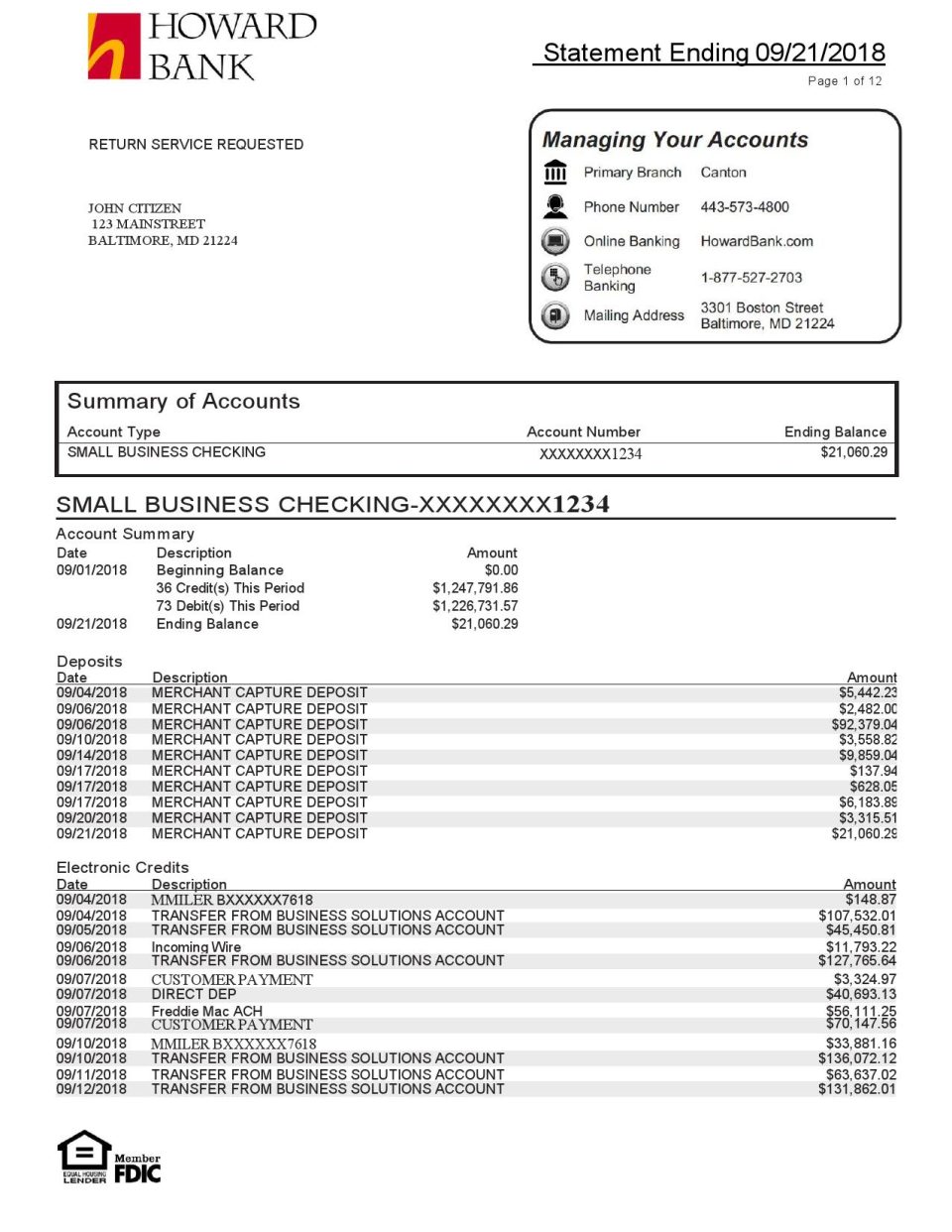 USA Maryland Howard Personal proof of address bank statement template in Word and PDF format (4 pages)