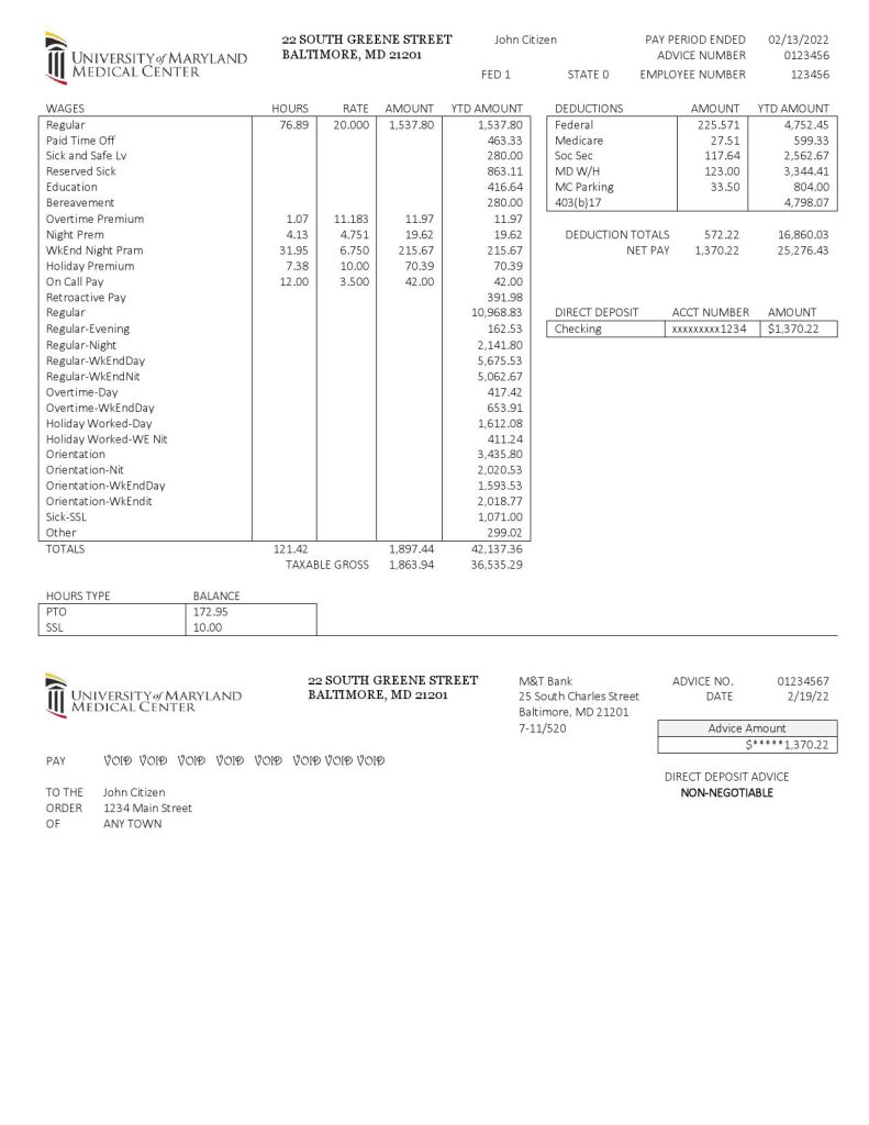 USA Maryland University of Maryland Medical Center pay stub Word and PDF template