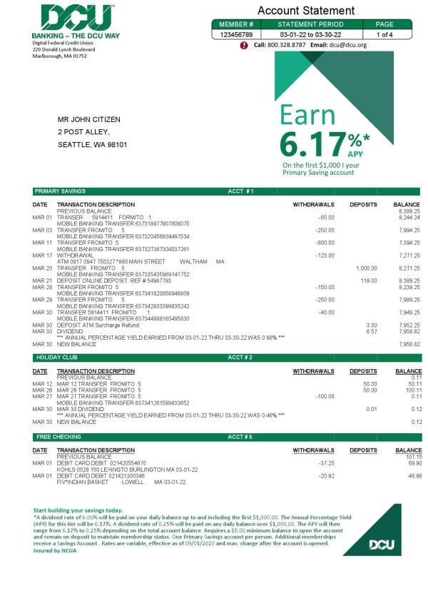USA Massachusetts Digital Federal Credit Union (DCU) bank statement Word and PDF template, 5 pages