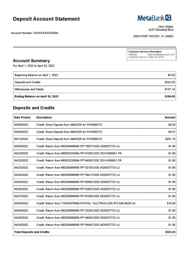 USA Metabank deposit account statement, Word and PDF template, 3 pages