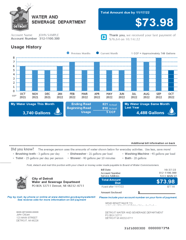 USA Michigan Water and Sewerage Department utility bill, Word and PDF template, 2 pages