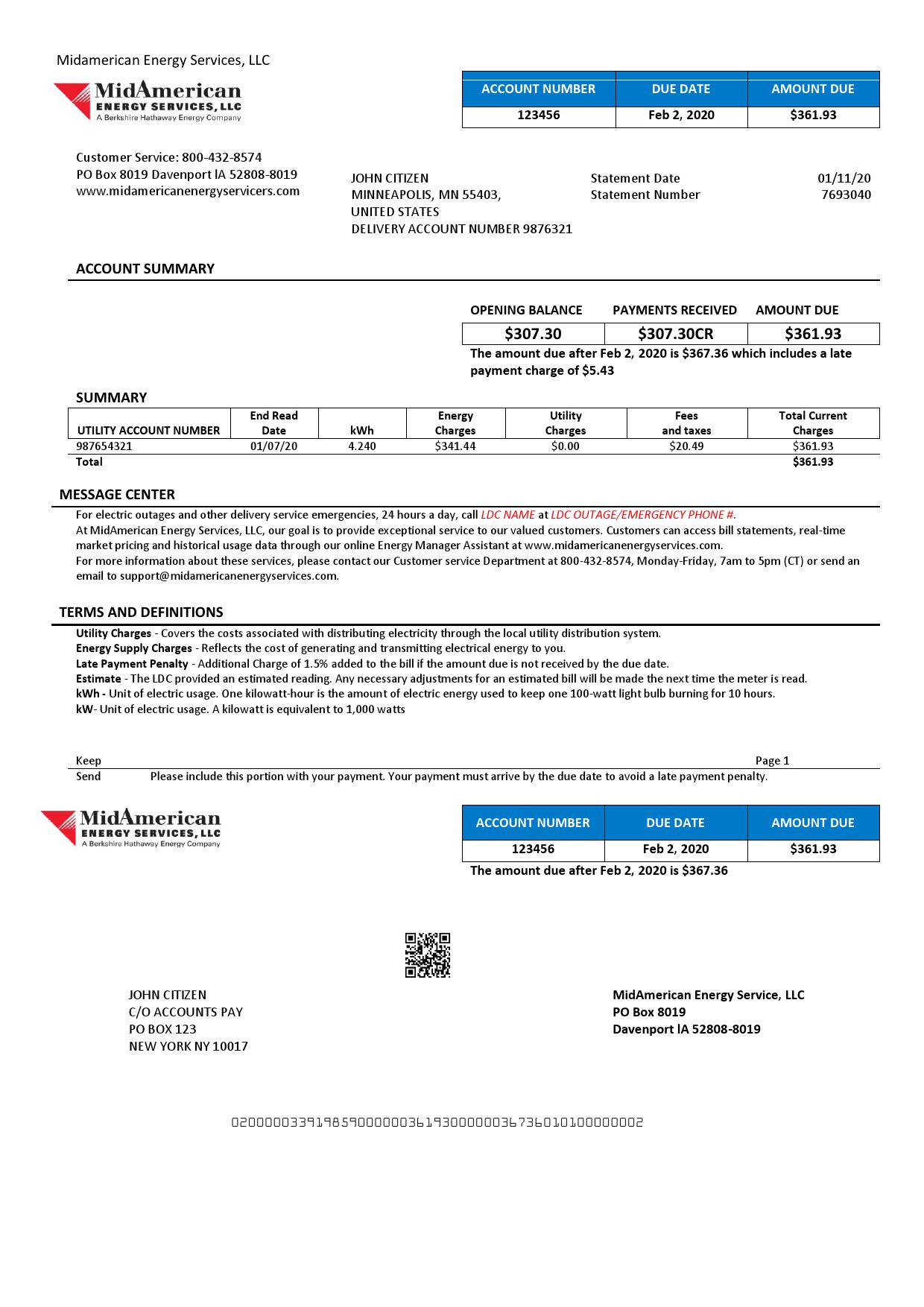 USA Iowa MidAmerican Energy Services utility bill template in Word and PDF format