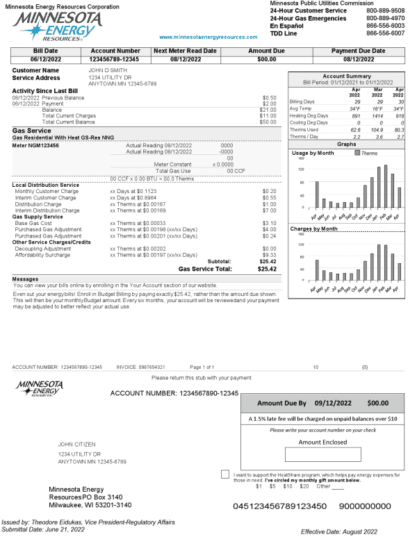 USA Minnesota Energy utility bill, Word and PDF template, 2 pages