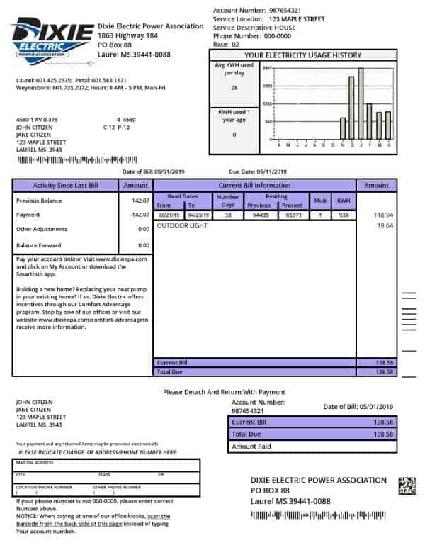 USA Mississippi Dixie Electric utility bill template in Word and PDF format