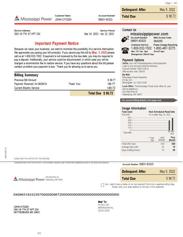 USA Mississippi Power utility bill, Word and PDF template, 2 pages