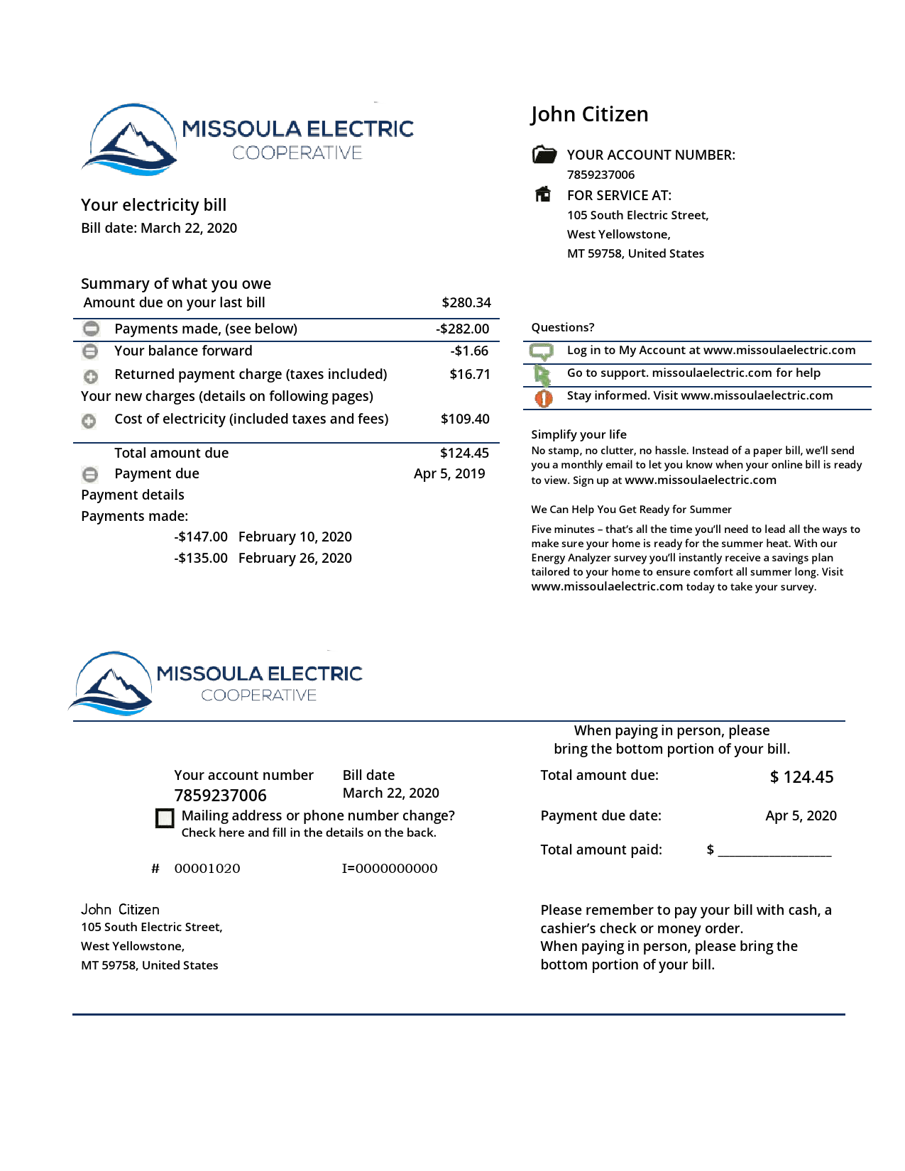 USA Montana Missoula Electric Cooperative electricity utility bill template in Word and PDF format