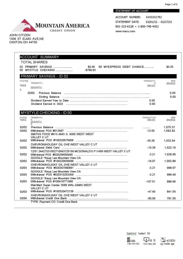 USA Mountain America Credit Union bank statement, Word and PDF template, 6 pages