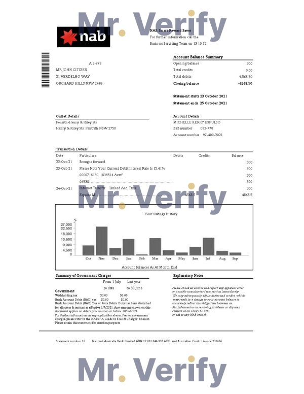 USA NAB Bank statement template in .xls and .pdf file format