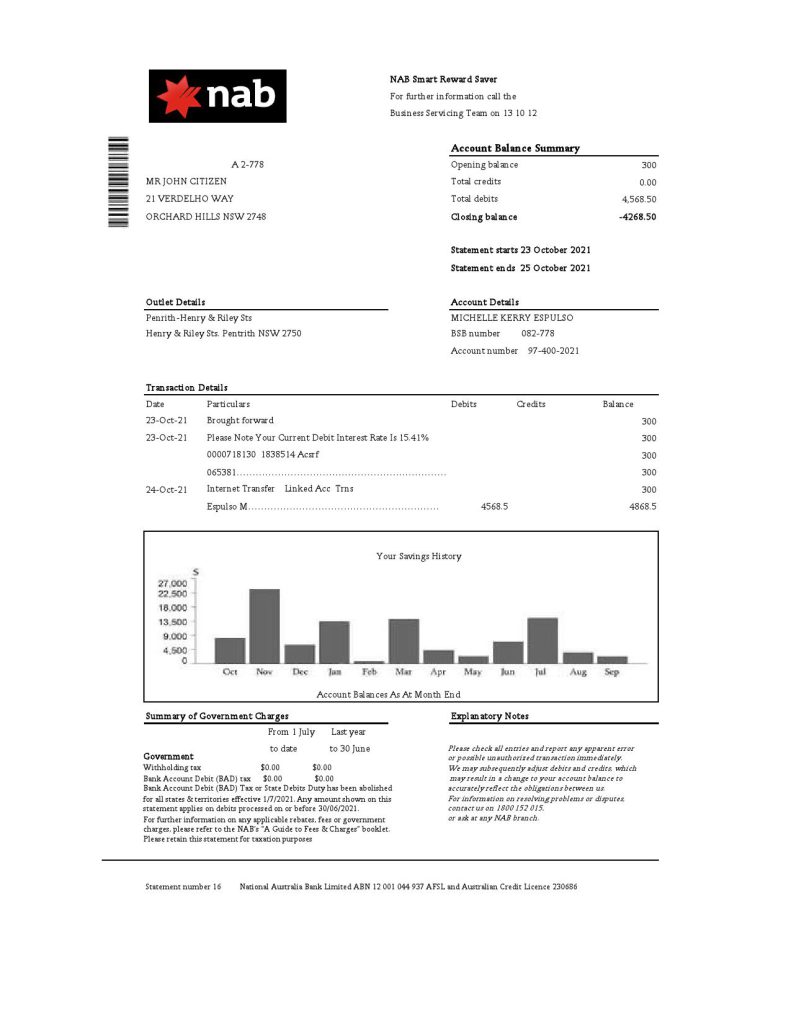 USA NAB Bank statement template in .xls and .pdf file format