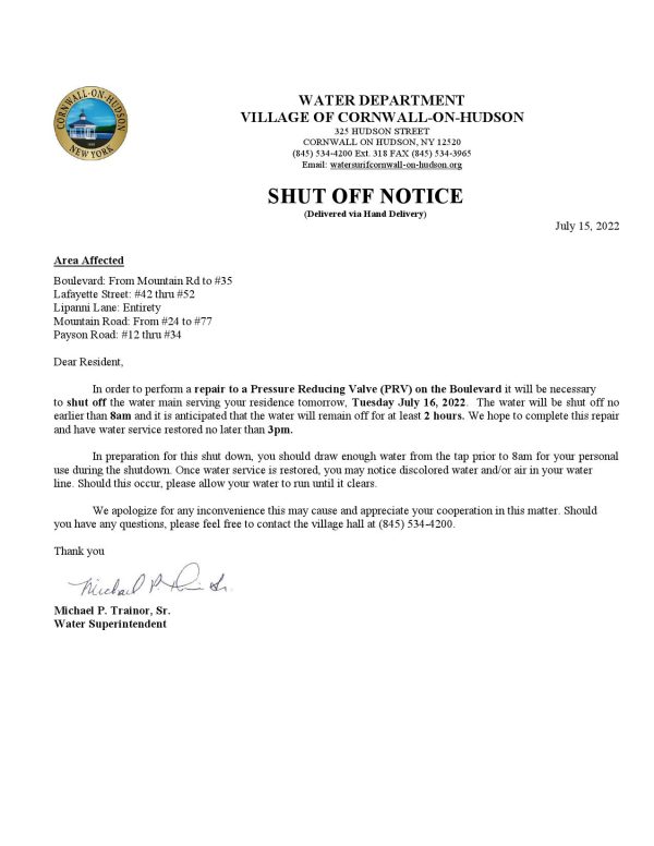 USA New York Cornwall-on-Hudson water utility bill shutoff notice, Word and PDF template