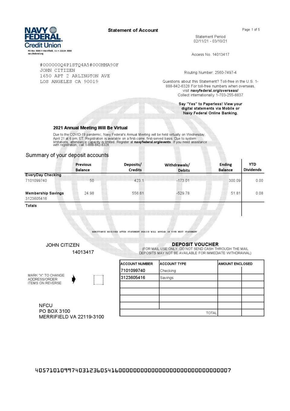 USA Navy Federal Union bank statement template in Excel and PDF format (5 pages)