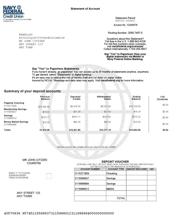 USA Navy Federal bank statement, Word and PDF template, 9 pages