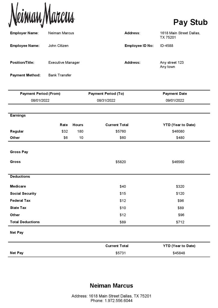 USA Neiman Marcus department store company pay stub Word and PDF template