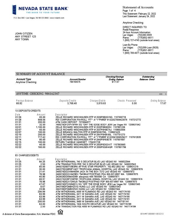USA Nevada State Bank anytime checking statement, Word and PDF template, 4 pages