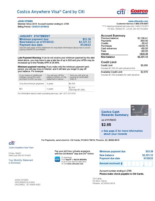 USA Costco Anywhere Visa Card by Citi bank statement, Word and PDF template, 4 pages