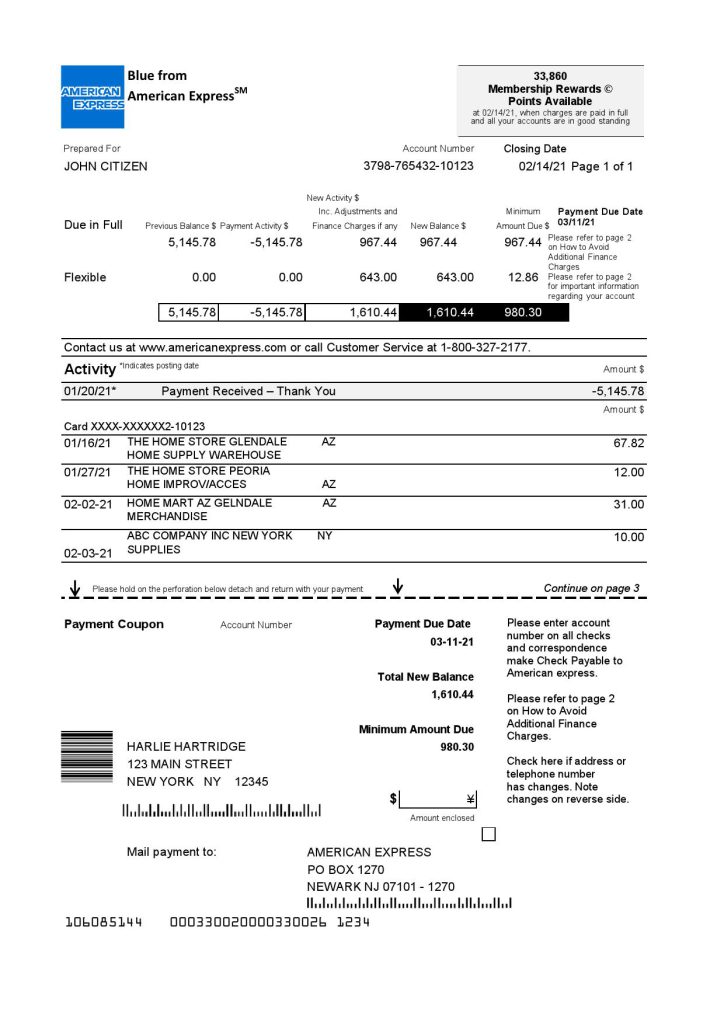USA New York American Express Blue bank statement in Excel and PDF format