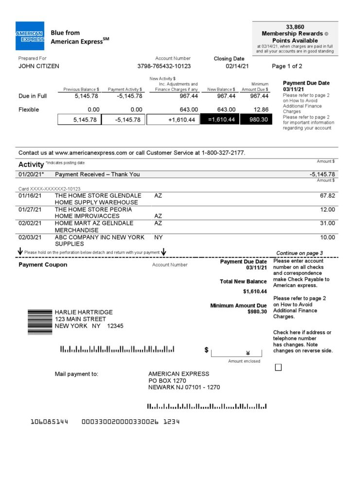 USA New York American Express Blue bank statement in Word and PDF format