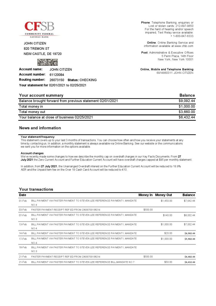 USA New York CFSB bank statement template in Excel and PDF format, 2 pages