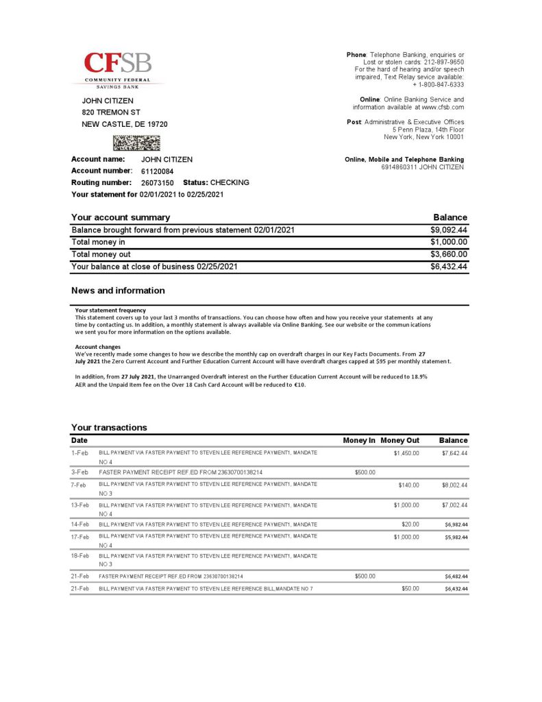 USA New York CFSB bank statement template in Excel and PDF format
