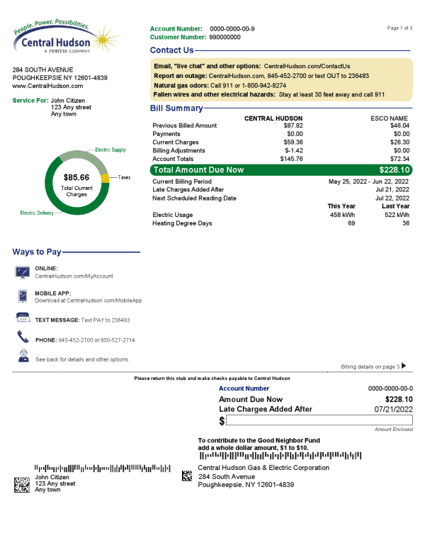 USA New York Central Hudson A fortis company utility bill, Word and PDF template, 3 pages