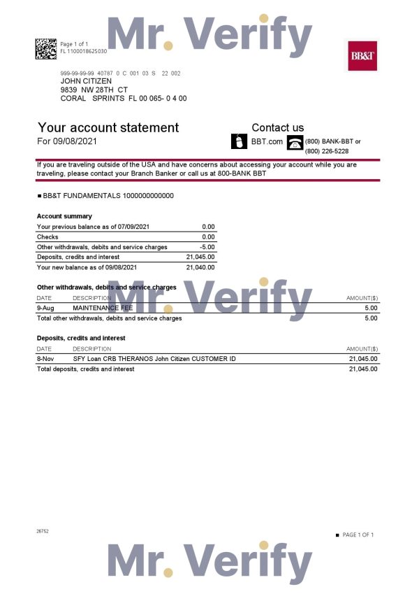 USA North Carolina BB&T Corp. bank account statement template in Excel and PDF format