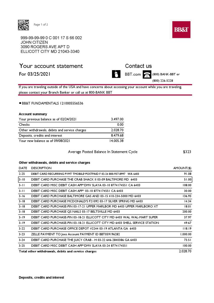 USA North Carolina BB&T Corp. bank statement template in Excel and PDF format (2 pages)
