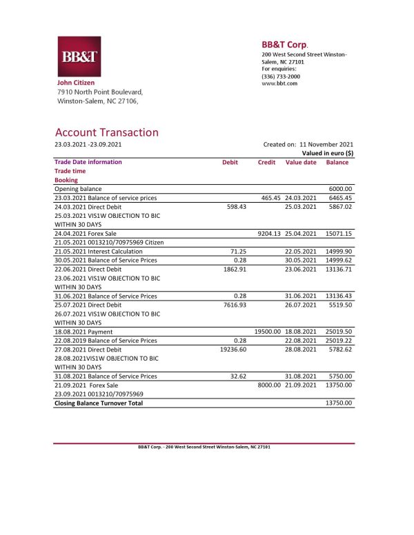 USA North Carolina BB&T Corp. bank statement template in Excel and PDF format