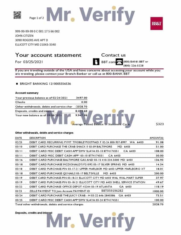 USA North Carolina BB&T Corp. bank statement template in Word and PDF format (2 pages)