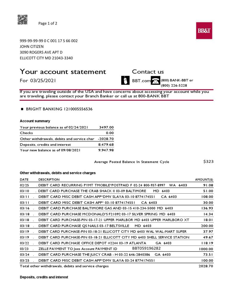 USA North Carolina BB&T Corp. bank statement template in Word and PDF format (2 pages)
