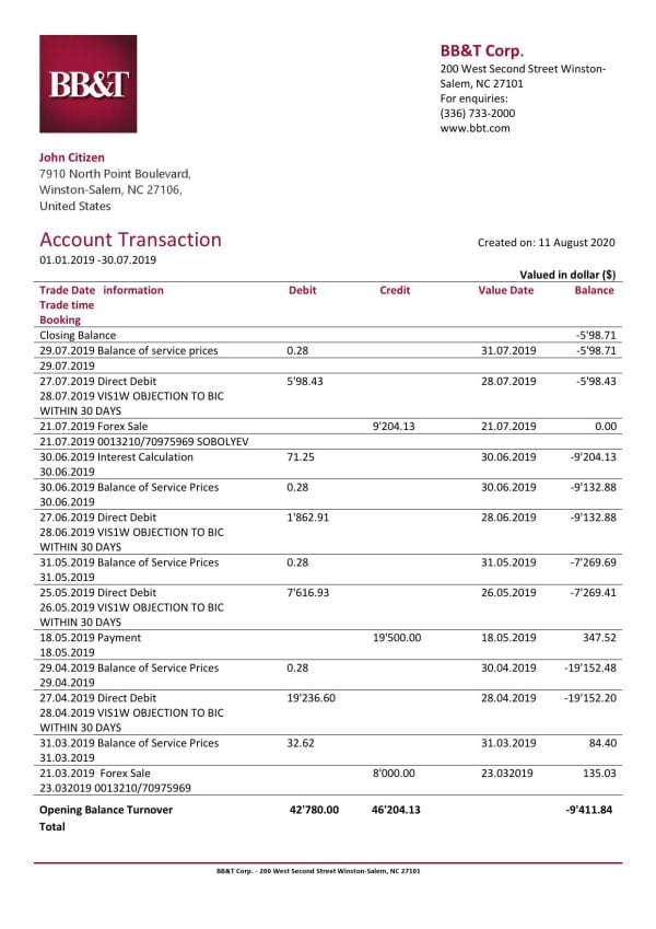 USA North Carolina BB&T Corp. bank statement template in Word and PDF format