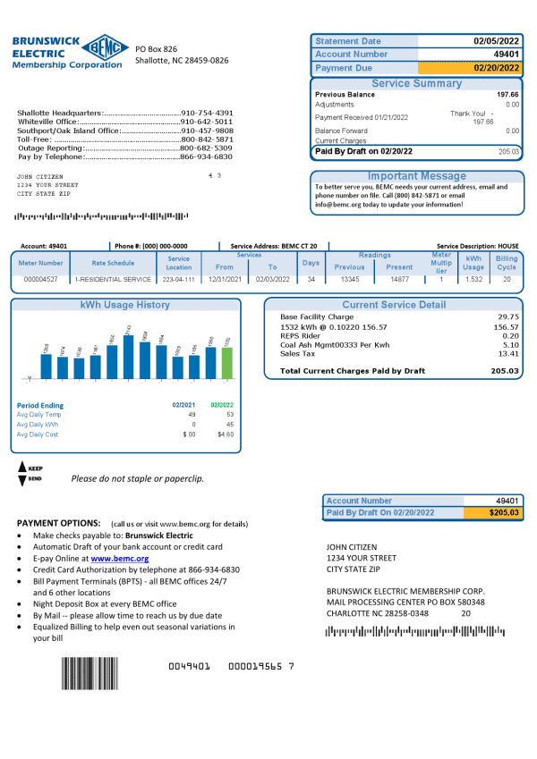 USA North Carolina Brunswick Electric utility bill template in Word and PDF format