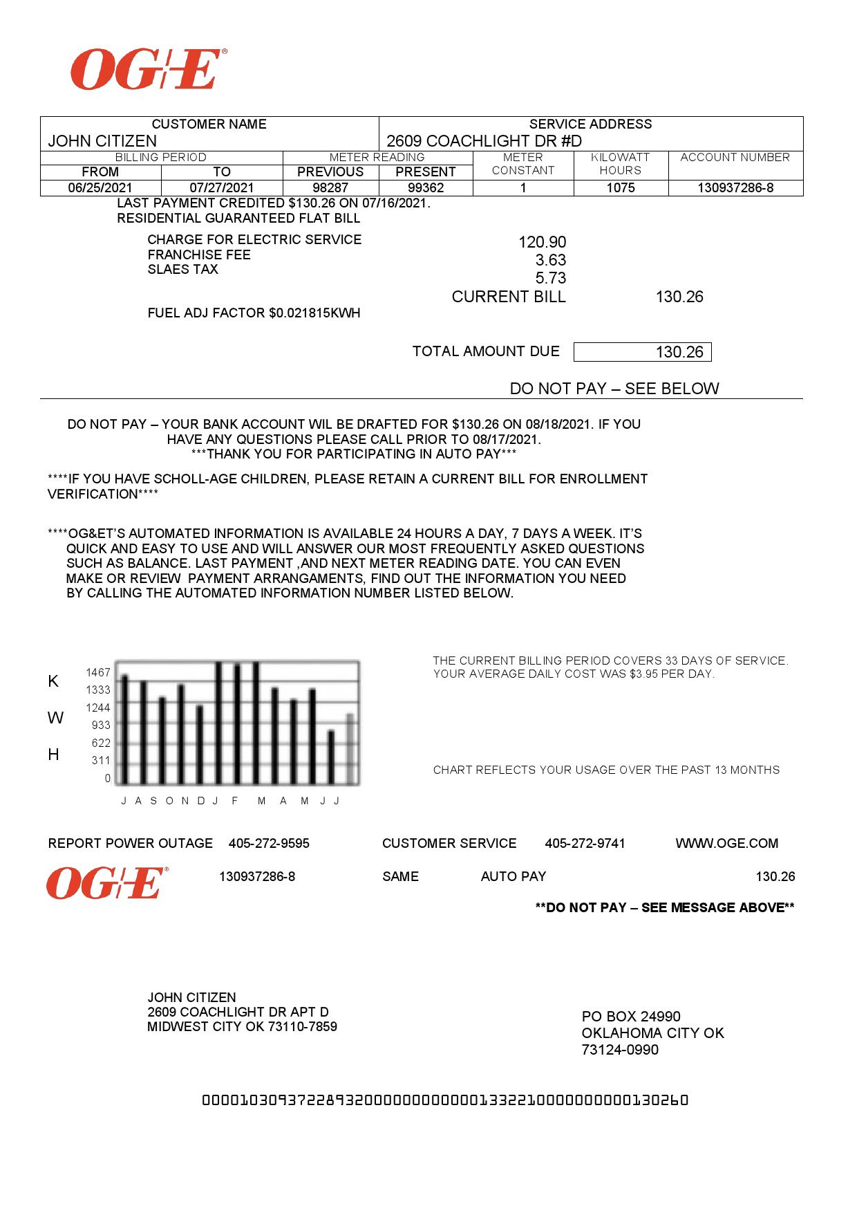 USA Oklahoma OGE Energy utility bill template in Word and PDF