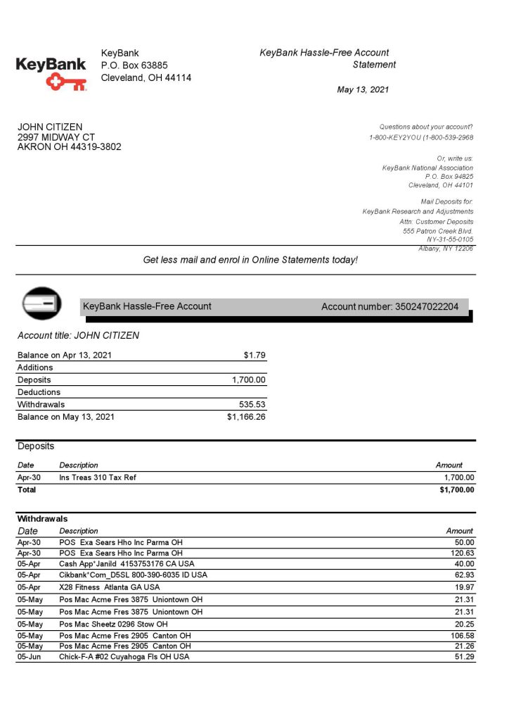 USA Ohio KeyBank bank statement template in Excel and PDF format