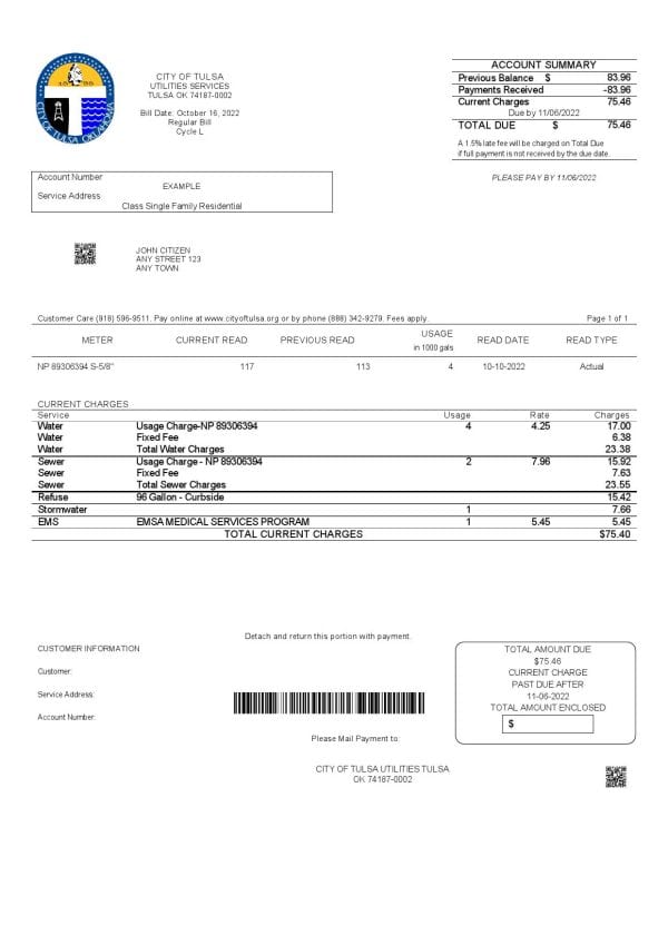 USA Oklahoma City of Tulsa utility bill template in Word and PDF format