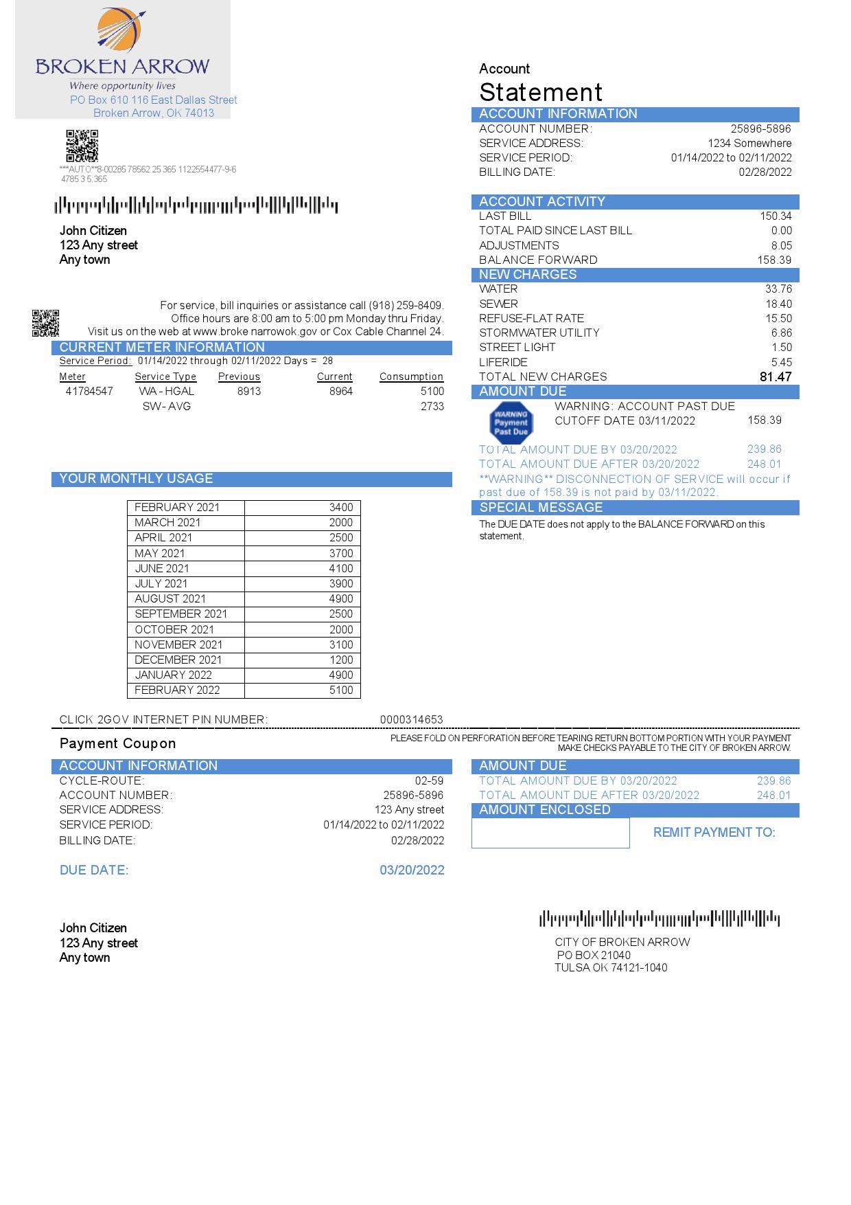 USA Oklahoma City of Broken Arrow utility bill template in Word and PDF format