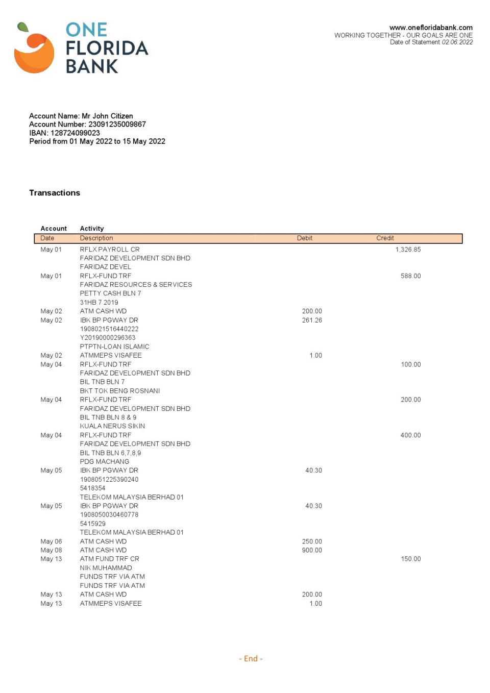 USA One Florida bank statement, Word and PDF template
