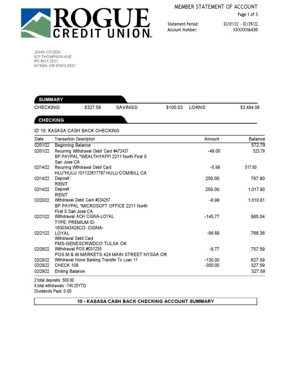 USA Oregon Rogue bank statement, Word and PDF template, 3 pages
