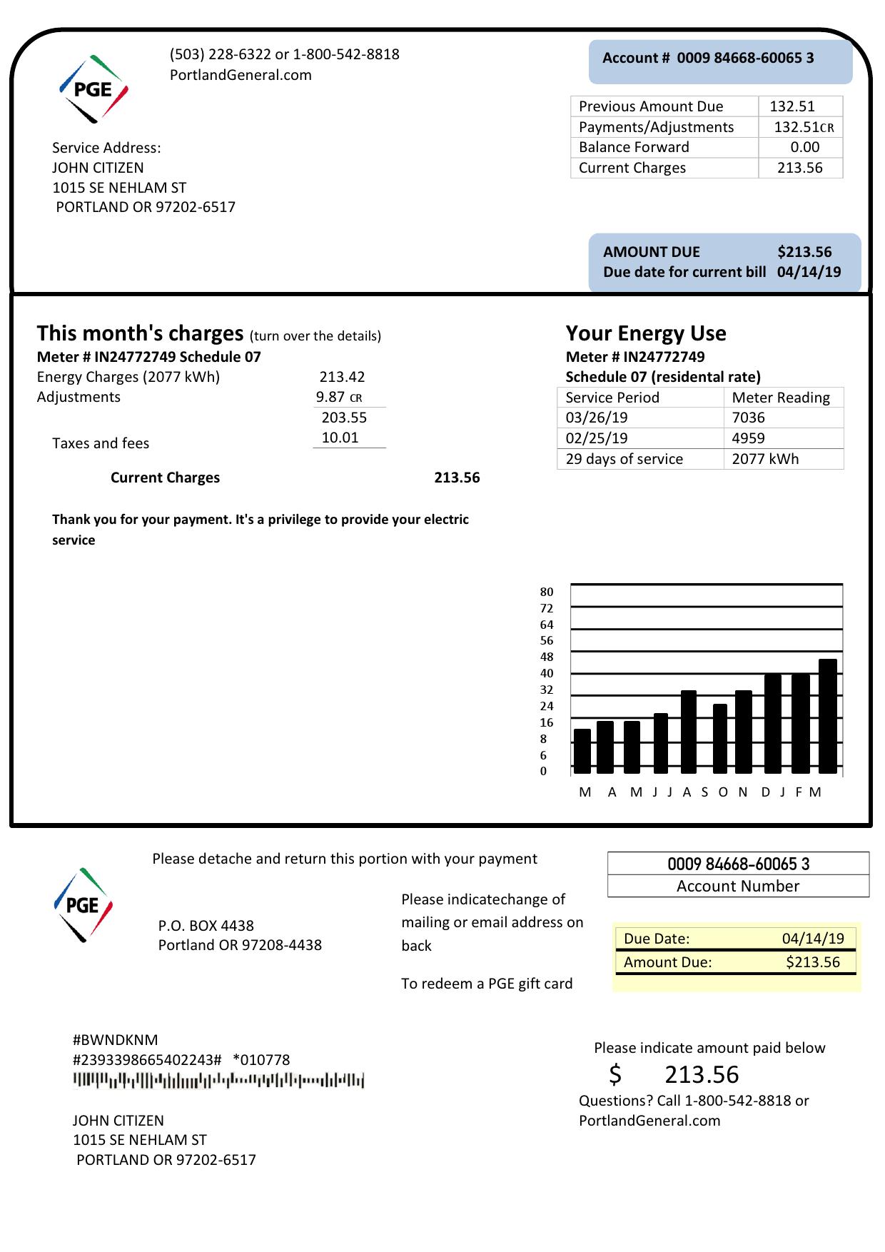 USA Oregon PGE electricity utility bill template in Word and PDF format