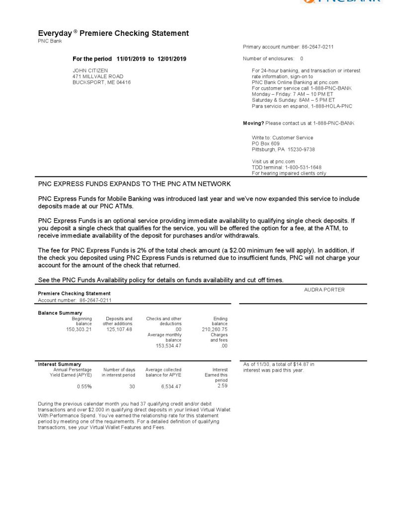 USA PNC bank proof of address statement template in Word and PDF format