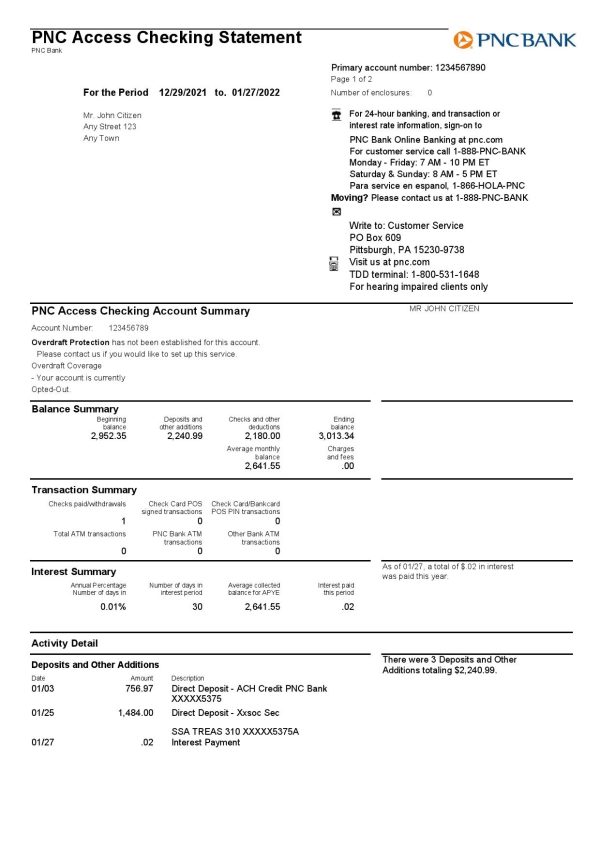 USA PNC bank statement, Word and PDF template, 2 pages