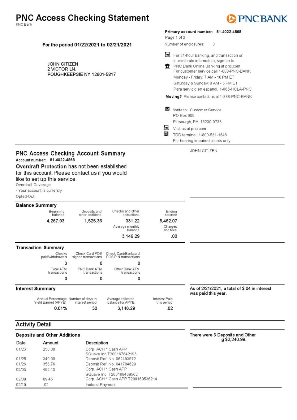 USA PNC bank statement template in Word and PDF format, 2 pages