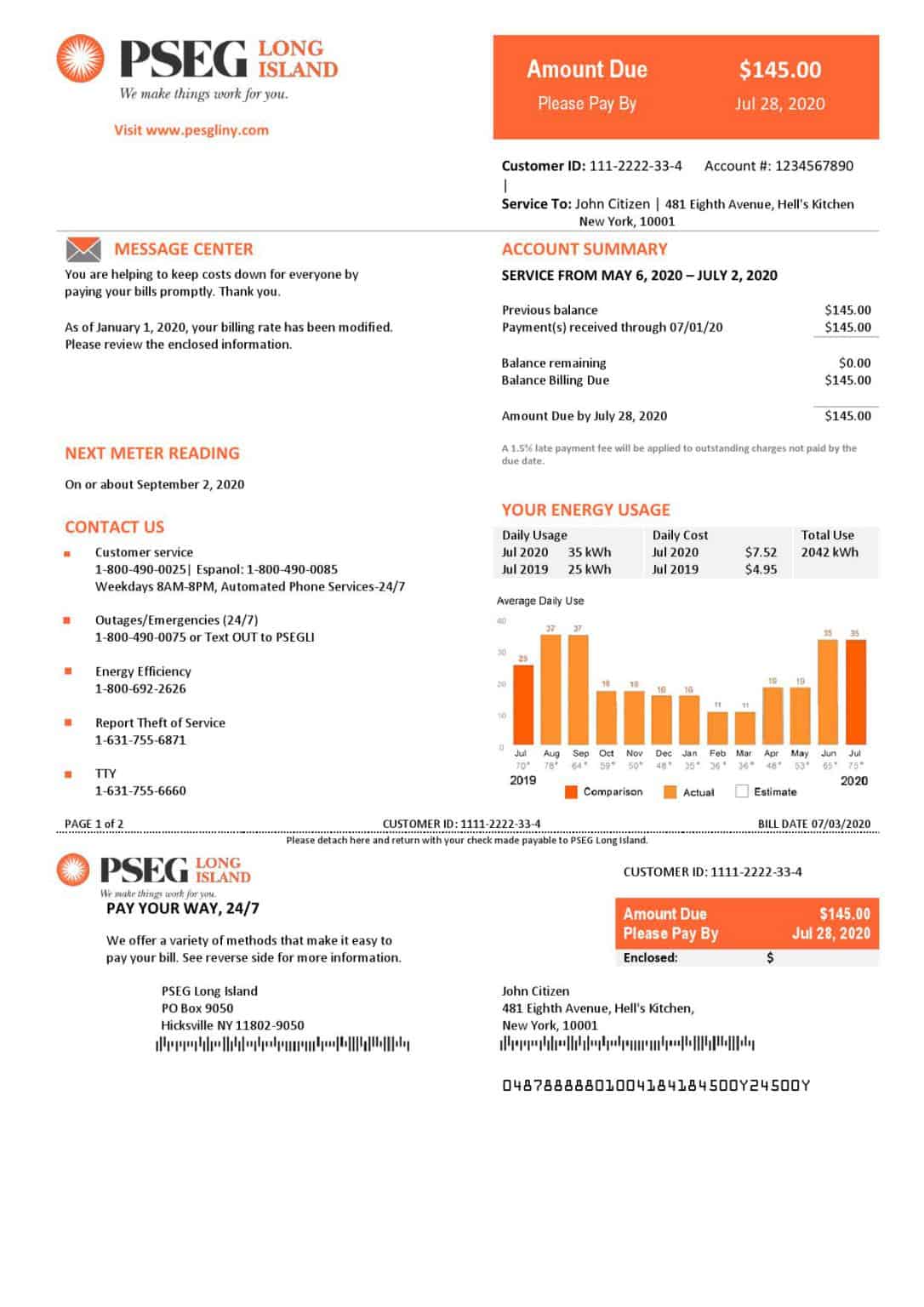 USA New Jersey PSEG Electricity Utility Bill Template In Word And PDF ...