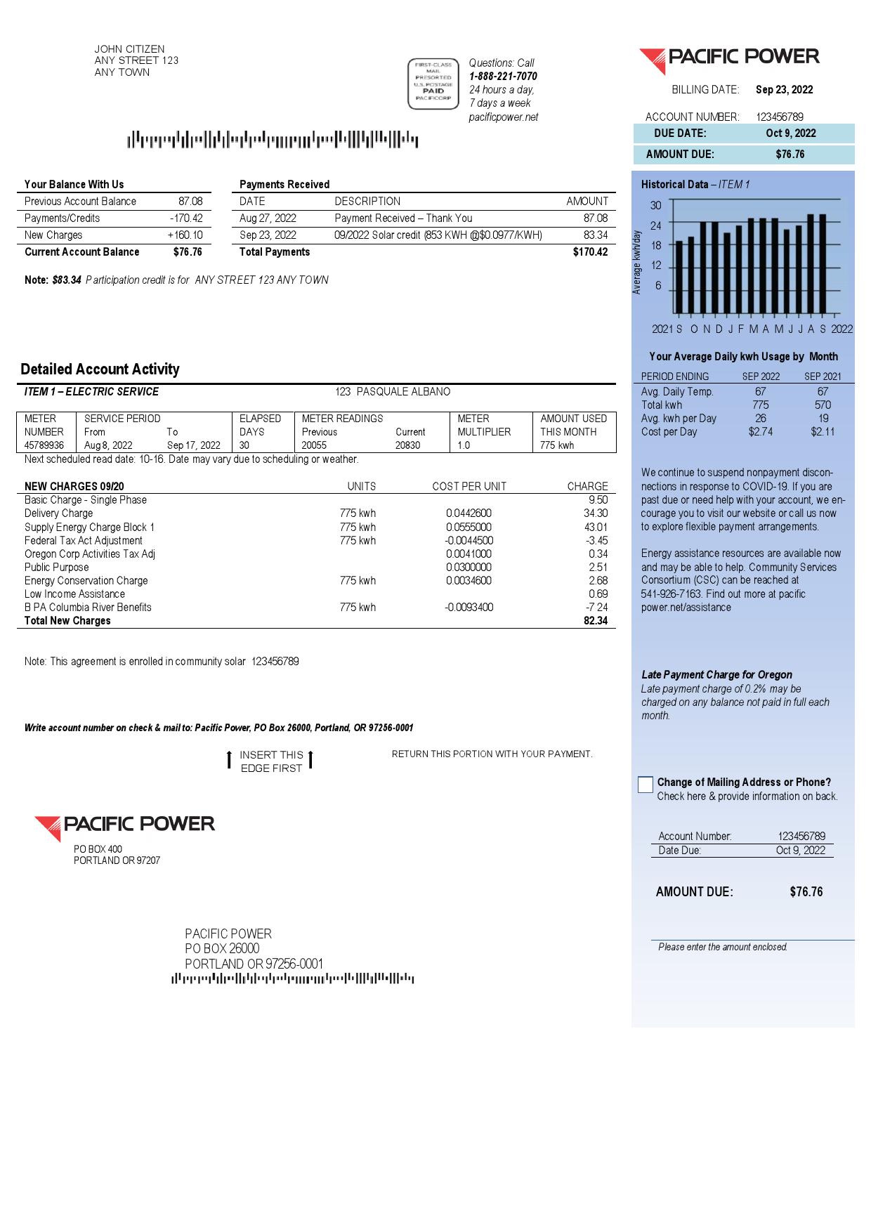 USA Pacific Power utility bill, Word and PDF template, 2 pages