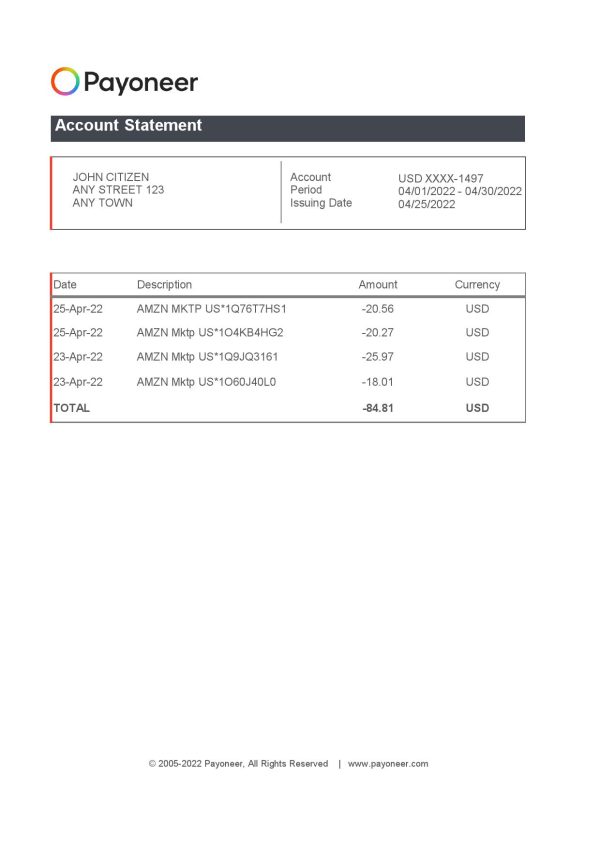 USA Payoneer account statement Excel and PDF template