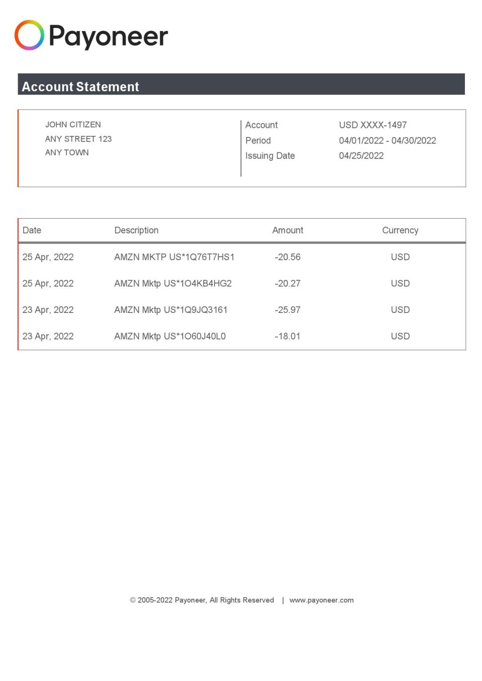 USA Payoneer account statement Word and PDF template