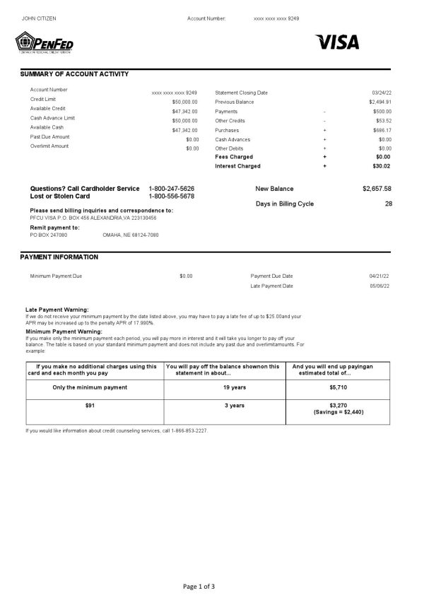 USA Pentagon Federal Credit Union (PenFed) bank statement, Word and PDF template, 3 pages