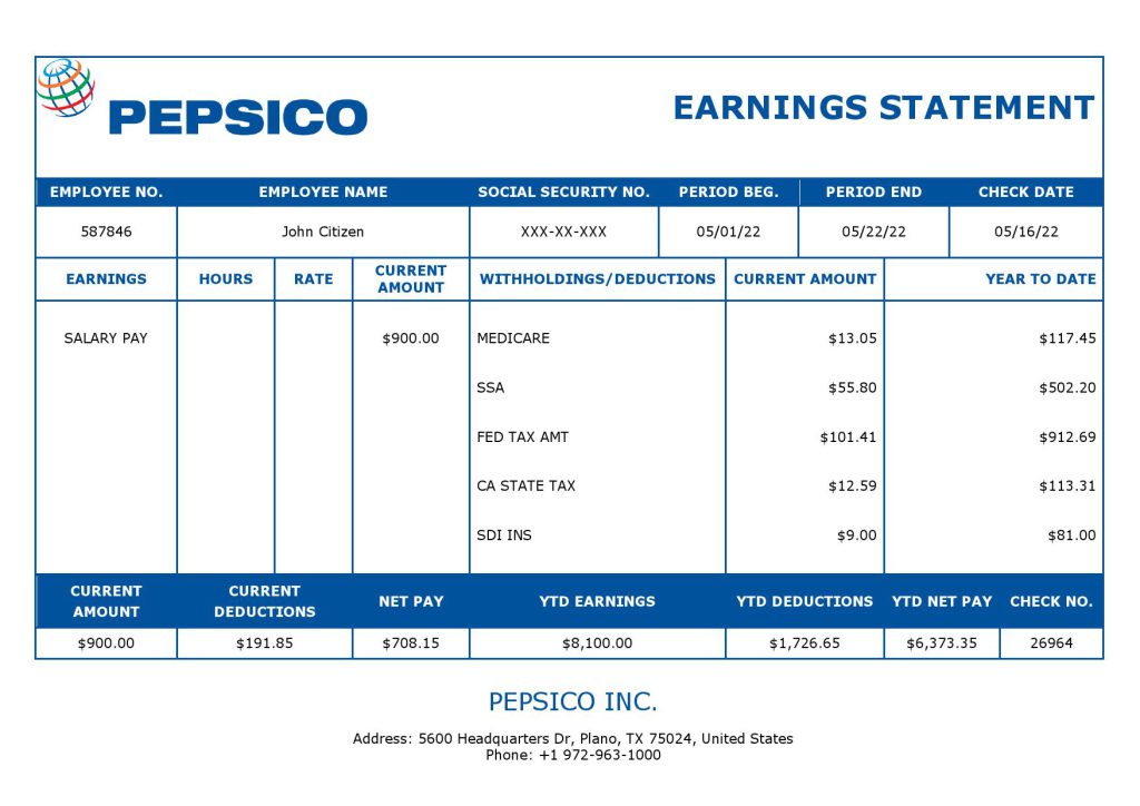 USA Pepsico Inc. drink producing company pay stub Word and PDF template
